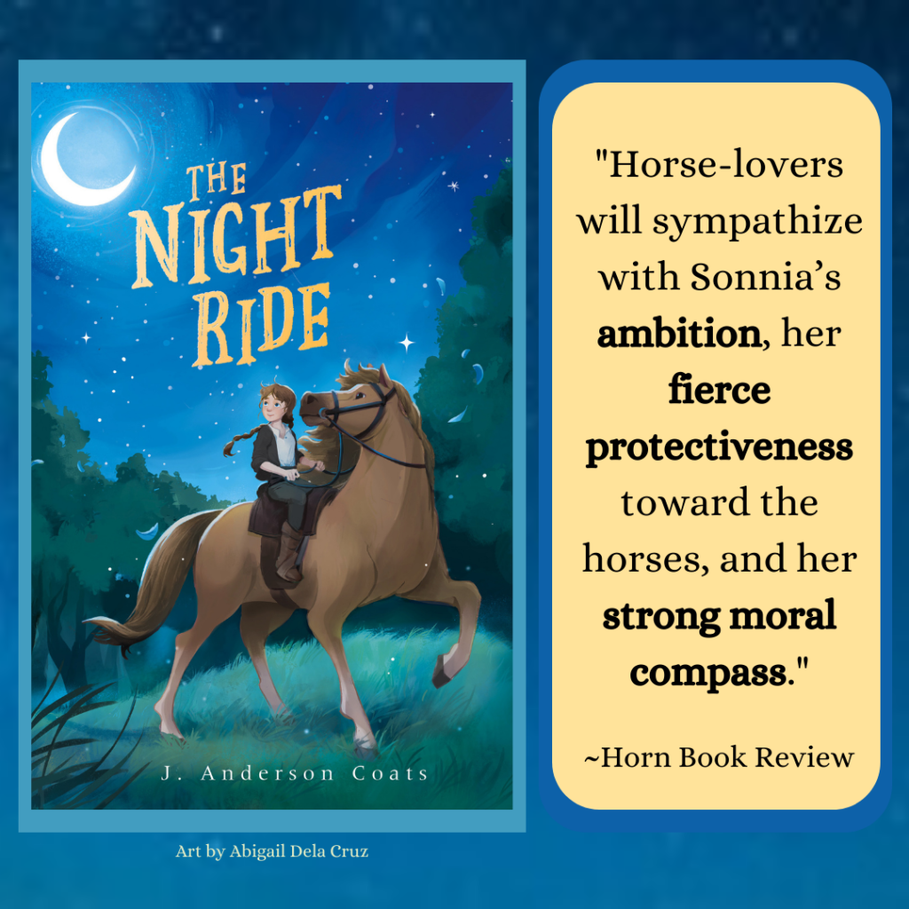 The cover of The Night Ride - a white girl on a chestnut horse in the woods at night - along with a quote from the review: "Horse-lovers will sympathize with Sonnia’s ambition, her fierce protectiveness toward the horses, and her strong moral compass."